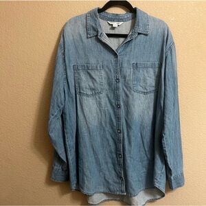 OLD NAVY Women’s Denim Tunic Boyfriend Shirt Light Wash Long Sleeve Pockets Tall